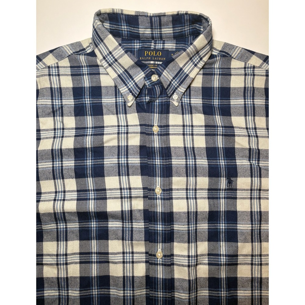 Polo Ralph Lauren Blue White Flannel Shirt | Classic Fit Performance | XL - Picture 3 of 5